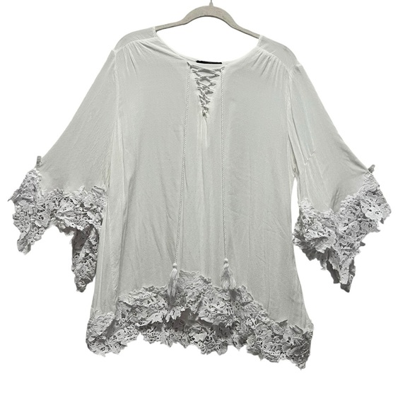 White Boho Coastal top. Cool and airy. Lace trim. Peasant tie cheat. Swim cover - Picture 2 of 8